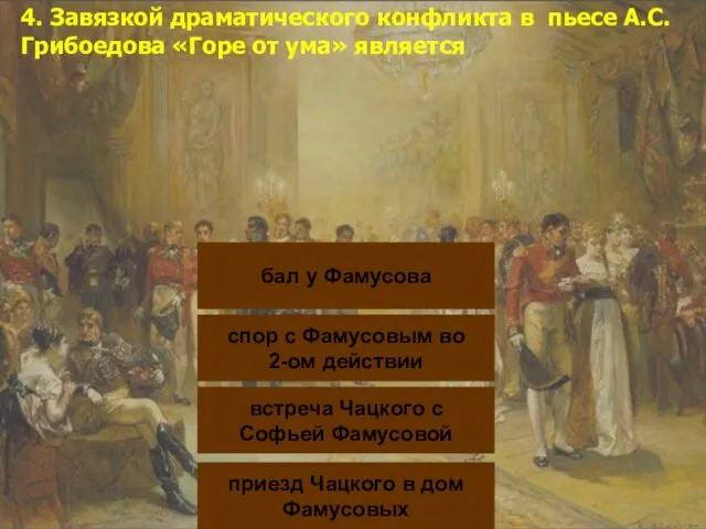 4. Завязкой драматического конфликта в пьесе А.С. Грибоедова «Горе от ума»