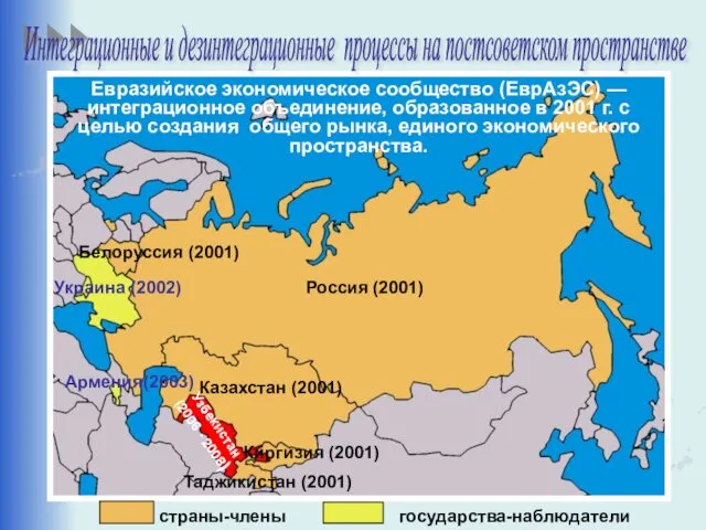 страны-члены государства-наблюдатели Интеграционные и дезинтеграционные процессы на постсоветском пространстве Евразийское экономическое