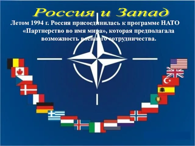 Россия и Запад Летом 1994 г. Россия присоединилась к программе НАТО