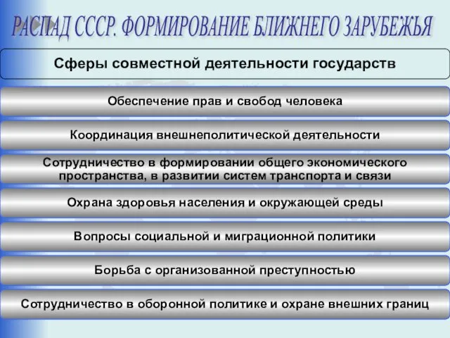 Сферы совместной деятельности государств РАСПАД СССР. ФОРМИРОВАНИЕ БЛИЖНЕГО ЗАРУБЕЖЬЯ Обеспечение прав