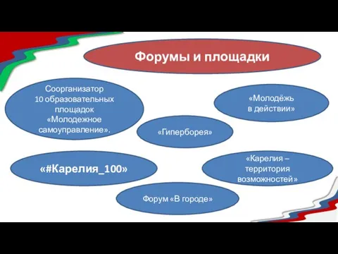 Соорганизатор 10 образовательных площадок «Молодежное самоуправление». «Молодёжь в действии» «Гиперборея» «Карелия