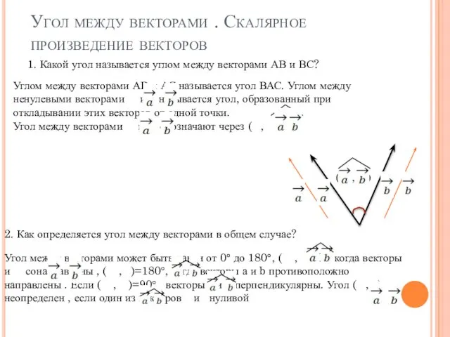 Угол между векторами . Скалярное произведение векторов 1. Какой угол называется