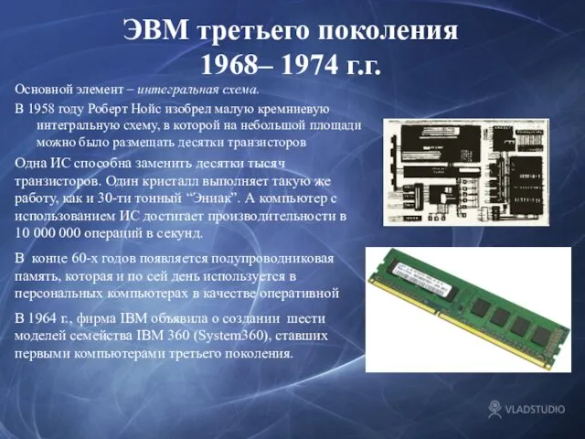 ЭВМ третьего поколения 1968– 1974 г.г. Основной элемент – интегральная схема.