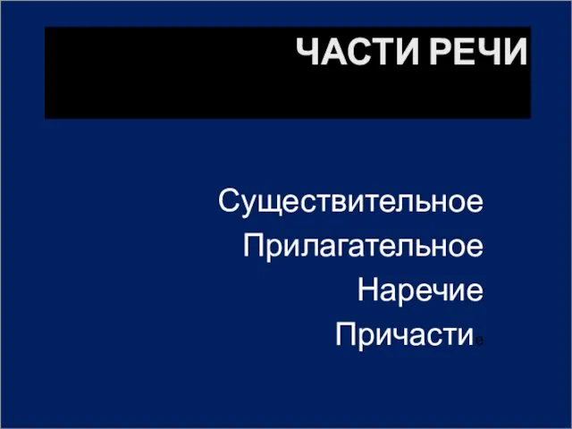 ЧАСТИ РЕЧИ Существительное Прилагательное Наречие Причастие