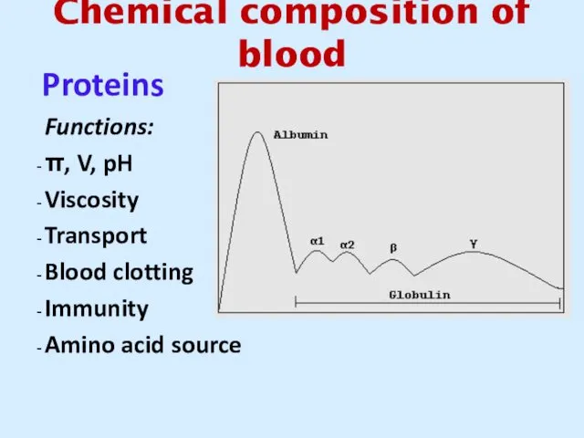 Chemical composition of blood Proteins Functions: π, V, pH Viscosity Transport