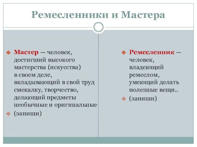 Ремесленники и Мастера Мастер — человек, достигший высокого мастерства (искусства) в