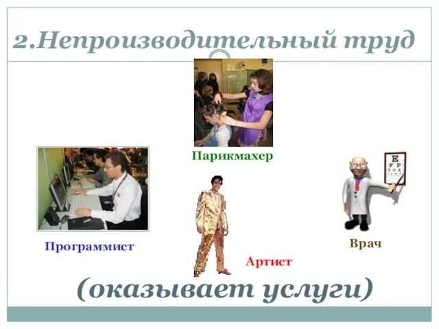 2.Непроизводительный труд (оказывает услуги) Парикмахер Программист Врач Артист