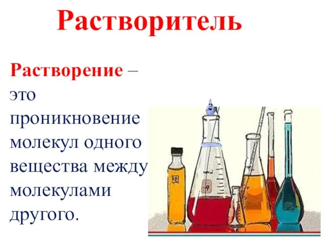 Растворитель Растворение – это проникновение молекул одного вещества между молекулами другого.