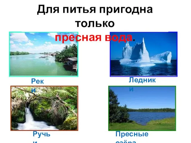 Реки Ледники Ручьи Пресные озёра Для питья пригодна только пресная вода.