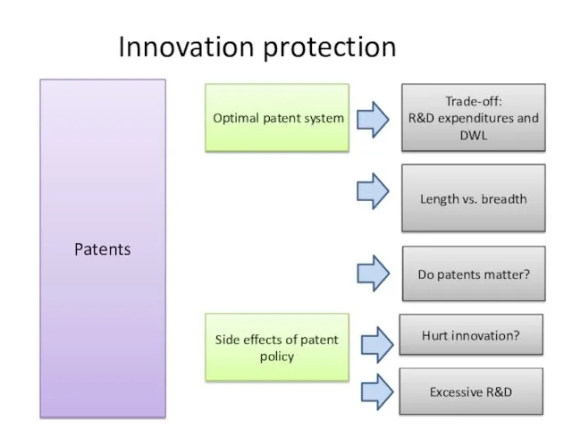 Innovation protection Patents Optimal patent system Trade-off: R&D expenditures and DWL