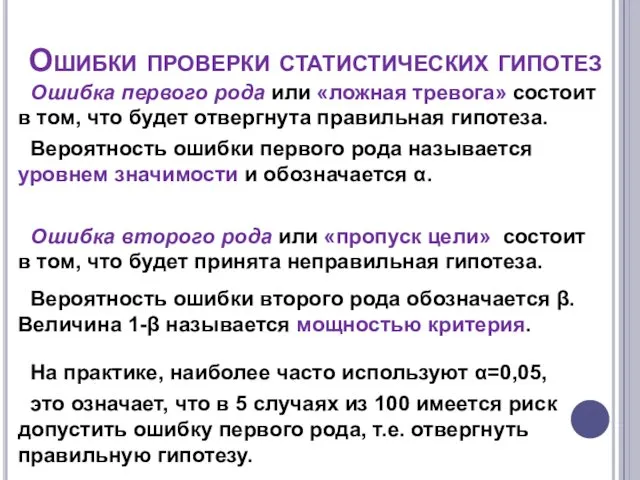 Ошибки проверки статистических гипотез Ошибка первого рода или «ложная тревога» состоит