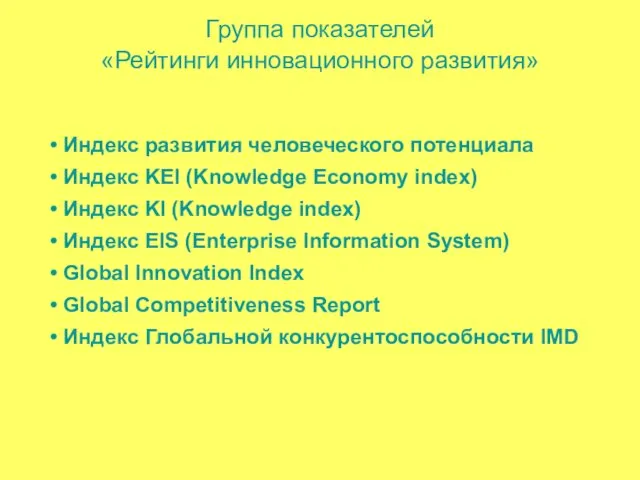 Группа показателей «Рейтинги инновационного развития» Индекс развития человеческого потенциала Индекс KEI