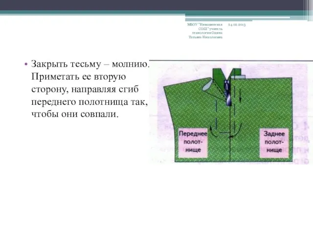 Закрыть тесьму – молнию. Приметать ее вторую сторону, направляя сгиб переднего