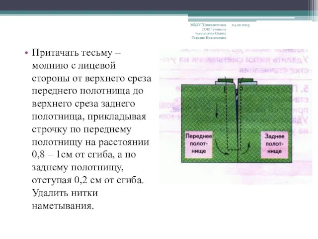 Притачать тесьму – молнию с лицевой стороны от верхнего среза переднего