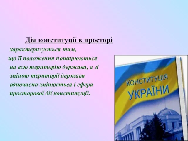 Дія конституції в просторі характеризується тим, що її положення поширюються на