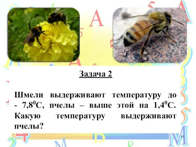 Задача 2 Шмели выдерживают температуру до - 7,80С, пчелы – выше
