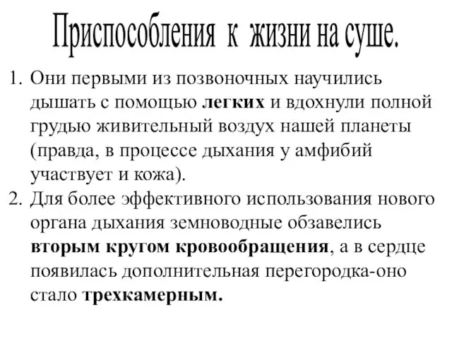 Приспособления к жизни на суше. Они первыми из позвоночных научились дышать