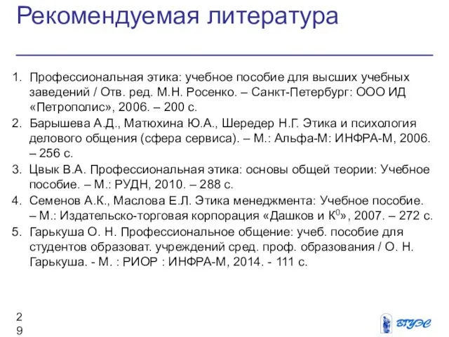 Рекомендуемая литература Профессиональная этика: учебное пособие для высших учебных заведений /