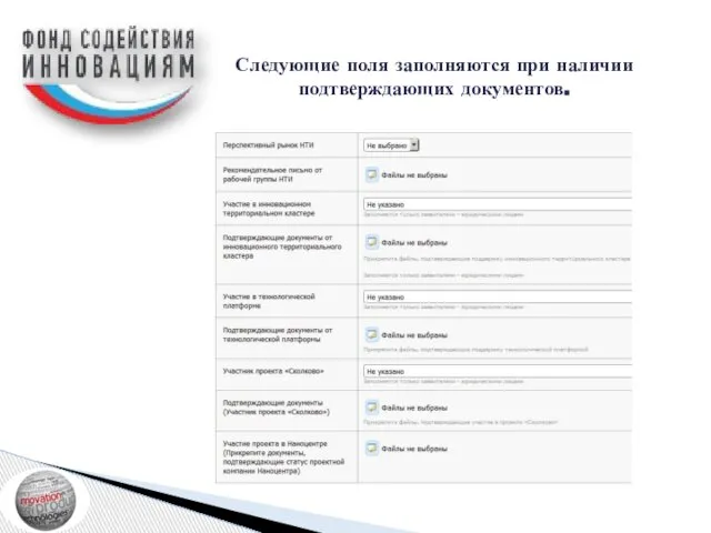 Следующие поля заполняются при наличии подтверждающих документов.