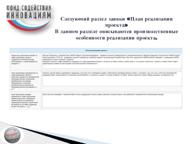 Следующий раздел заявки «План реализации проекта» В данном разделе описываются производственные особенности реализации проекта.