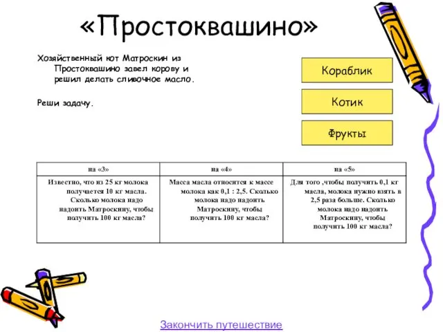 «Простоквашино» Хозяйственный кот Матроскин из Простоквашино завел корову и решил делать