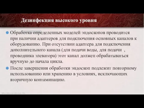 Обработка определенных моделей эндоскопов проводится при наличии адаптеров для подключения основных