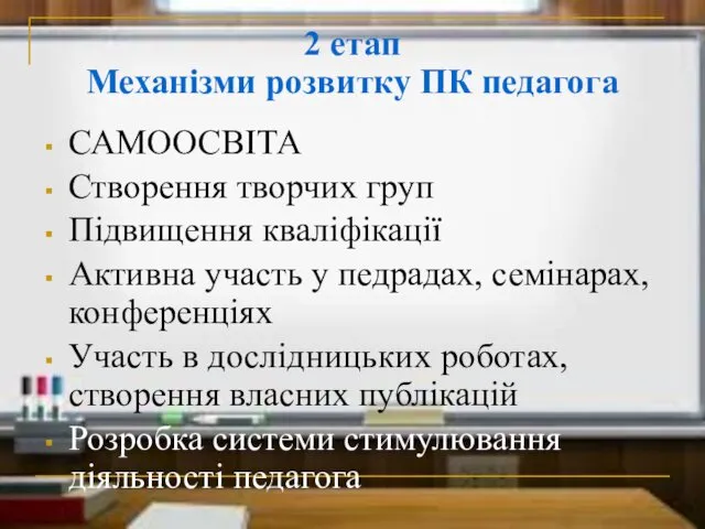 2 етап Механізми розвитку ПК педагога САМООСВІТА Створення творчих груп Підвищення