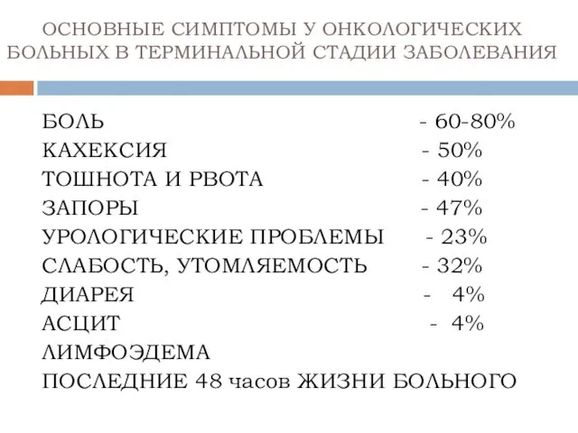 ОСНОВНЫЕ СИМПТОМЫ У ОНКОЛОГИЧЕСКИХ БОЛЬНЫХ В ТЕРМИНАЛЬНОЙ СТАДИИ ЗАБОЛЕВАНИЯ БОЛЬ -