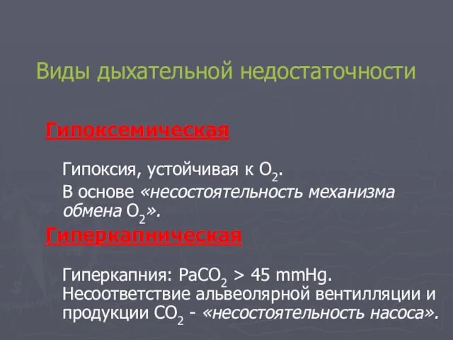 Виды дыхательной недостаточности Гипоксемическая Гипоксия, устойчивая к О2. В основе «несостоятельность