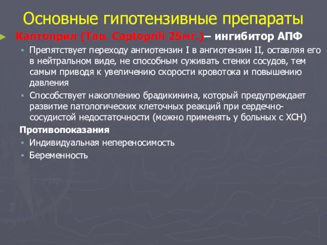 Основные гипотензивные препараты Каптоприл (Тав. Captoprili 25мг.)– ингибитор АПФ Препятствует переходу