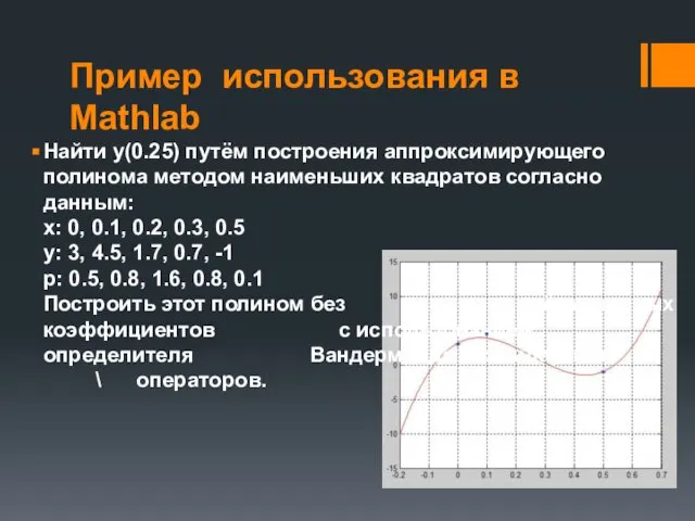 Пример использования в Mathlab Найти у(0.25) путём построения аппроксимирующего полинома методом