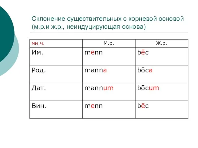 Склонение существительных с корневой основой (м.р.и ж.р., неиндуцирующая основа)