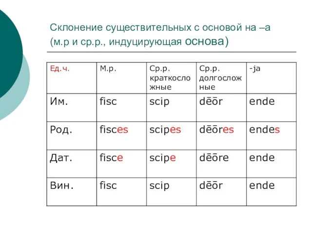 Склонение существительных с основой на –а (м.р и ср.р., индуцирующая основа)