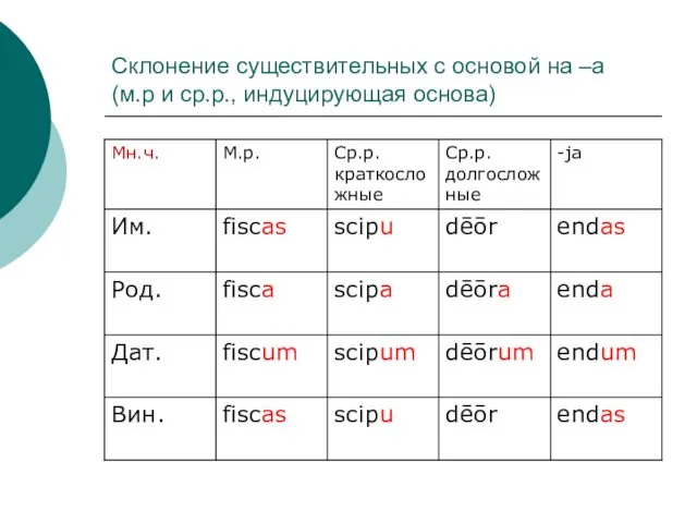 Склонение существительных с основой на –а (м.р и ср.р., индуцирующая основа)