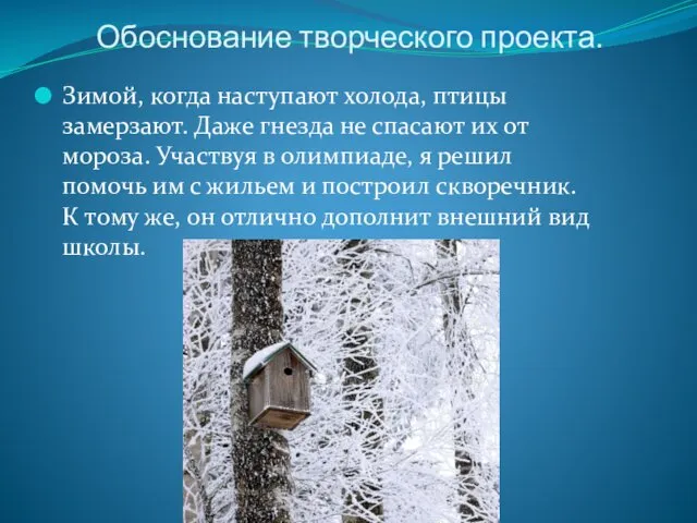 Обоснование творческого проекта. Зимой, когда наступают холода, птицы замерзают. Даже гнезда