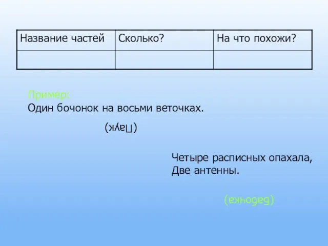 Пример: Один бочонок на восьми веточках. (Паук) Четыре расписных опахала, Две антенны. (Бабочка)