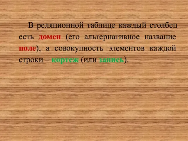 В реляционной таблице каждый столбец есть домен (его альтернативное название поле),