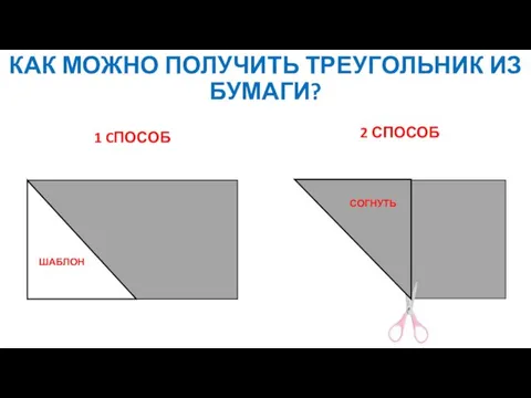 КАК МОЖНО ПОЛУЧИТЬ ТРЕУГОЛЬНИК ИЗ БУМАГИ? 1 CПОСОБ 2 СПОСОБ ШАБЛОН СОГНУТЬ