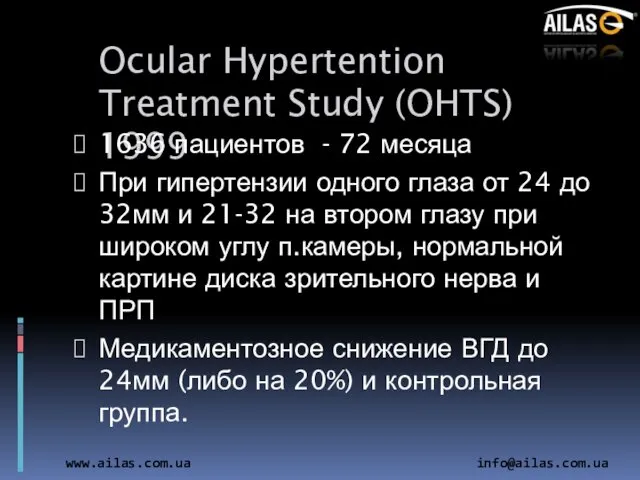 Ocular Hypertention Treatment Study (OHTS) 1999 1636 пациентов - 72 месяца