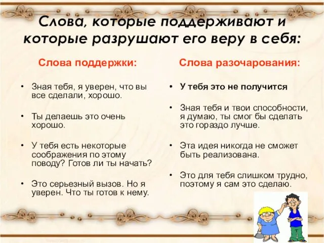 Слова, которые поддерживают и которые разрушают его веру в себя: Слова