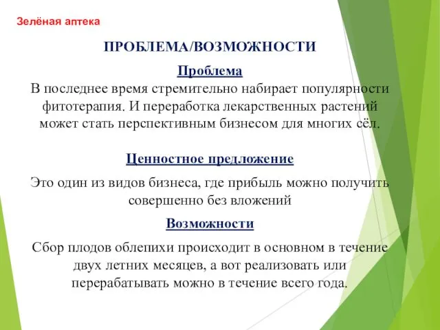 ПРОБЛЕМА/ВОЗМОЖНОСТИ Проблема В последнее время стремительно набирает популярности фитотерапия. И переработка