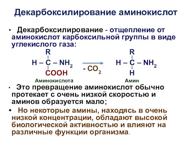 Декарбоксилирование аминокислот Декарбоксилирование - отщепление от аминокислот карбоксильной группы в виде