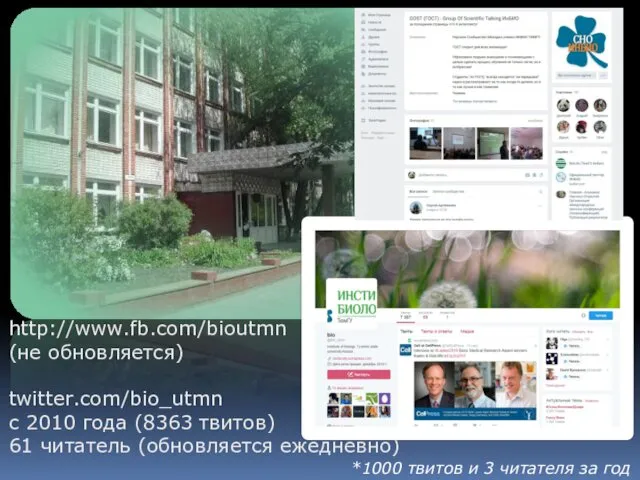 http://www.fb.com/bioutmn (не обновляется) twitter.com/bio_utmn с 2010 года (8363 твитов) 61 читатель