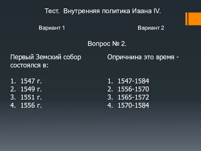 Вариант 1 Вариант 2 Вопрос № 2. Первый Земский собор состоялся