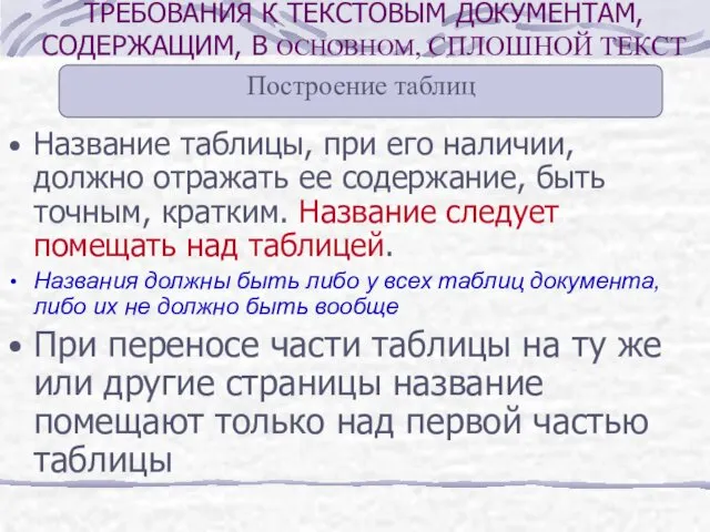 Название таблицы, при его наличии, должно отражать ее содержание, быть точным,