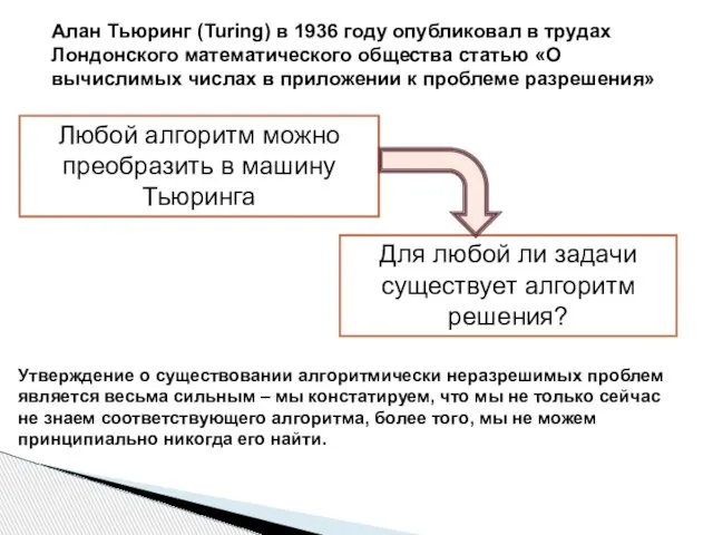 Алан Тьюринг (Turing) в 1936 году опубликовал в трудах Лондонского математического