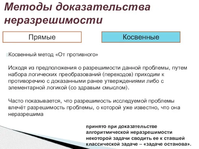 Методы доказательства неразрешимости Косвенный метод «От противного» Исходя из предположения о