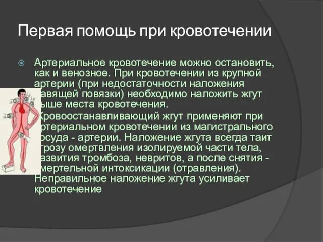 Первая помощь при кровотечении Артериальное кровотечение можно остановить, как и венозное.