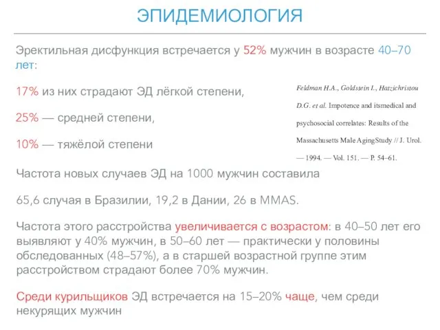 ЭПИДЕМИОЛОГИЯ Эректильная дисфункция встречается у 52% мужчин в возрасте 40–70 лет: