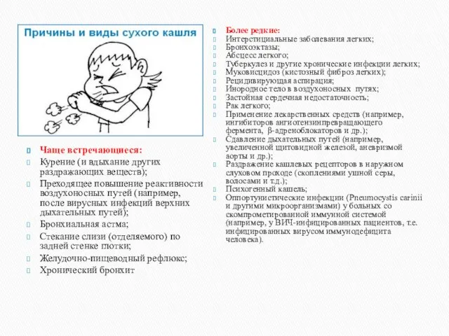 Чаще встречающиеся: Курение (и вдыхание других раздражающих веществ); Преходящее повышение реактивности